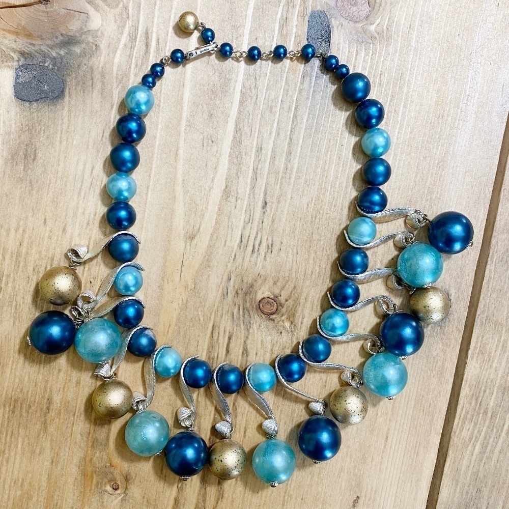 Vintage Beaded Necklace Teal Gold‎ Metal Japan Deco